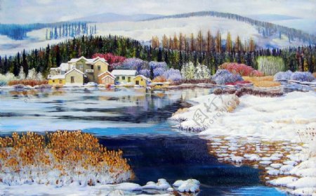 冬季乡村景观油画高清图片