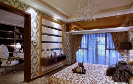 新中式风格家装样板间卧室效果图图片