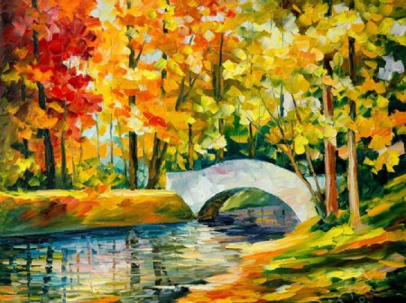 油画秋天的小桥图片
