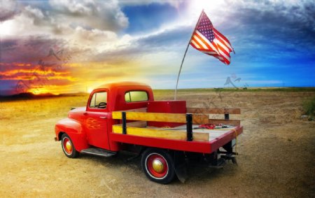 绚丽的美国国旗和卡车图片