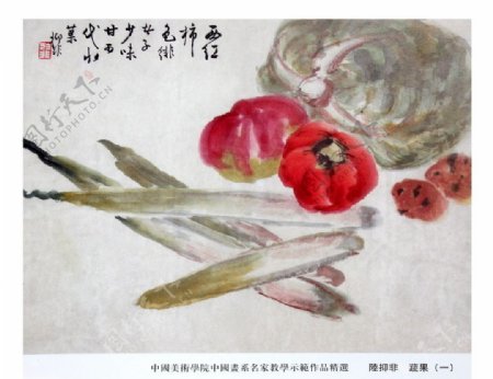 国画小写意花鸟蔬果茭白柿子图图片