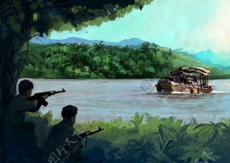 越战画作小艇联络图片