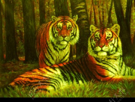 油画树林双虎图片