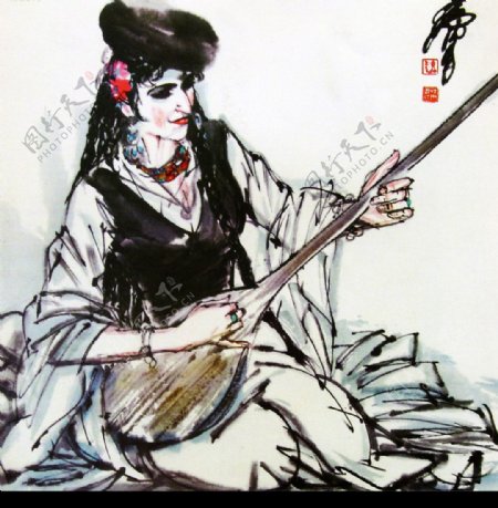 弹琴的维族少女图片