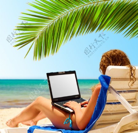 沙滩海滩笔记本电脑上网冲浪的美女图片