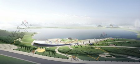 城市江滨公园景观效果图PSD分层模板图片