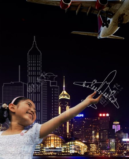 时尚房地产大气小孩飞机城市水夜景剪影未来图片