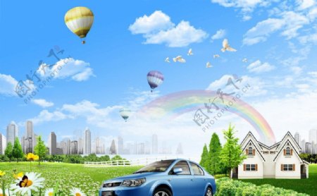 蓝天白云汽车广告素材图片