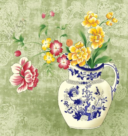 青花瓷与鲜花图片