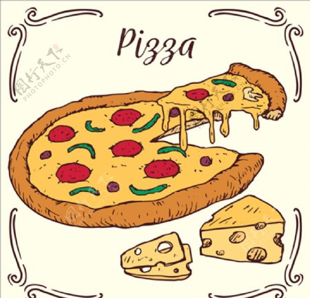 手绘芝士披萨插图