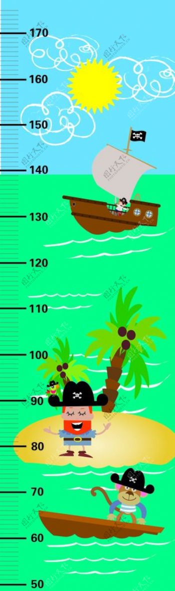 卡通量身高尺海盗帆船设计矢量素