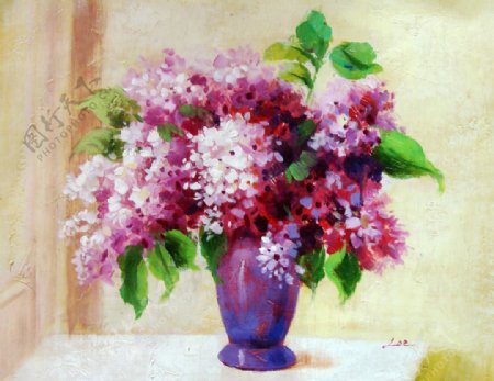 紫色花瓶绣球花油画装饰画