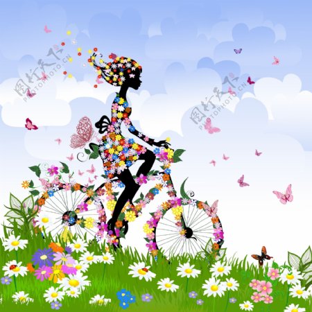 骑着花朵自行车的女孩