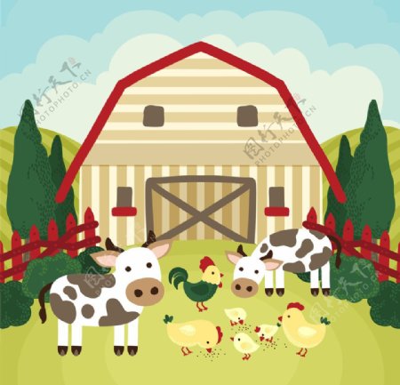 农场母牛和母鸡