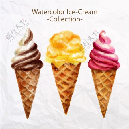 三款手绘水彩甜筒冰淇淋