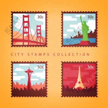 四种不同城市的彩色邮票