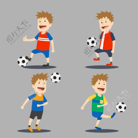 卡通踢足球的小男孩