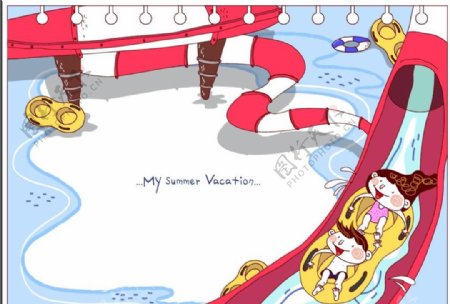 卡通可爱夏季游泳玩耍滑梯