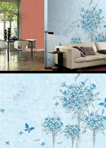 手绘抽象蓝色樱花树背景墙纸
