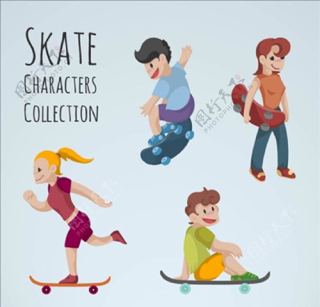 四款卡通滑滑板的男女插图