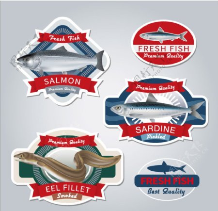 新鲜鱼类产品标签矢量素材