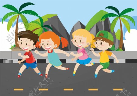 卡通儿童节快乐跑步的孩子