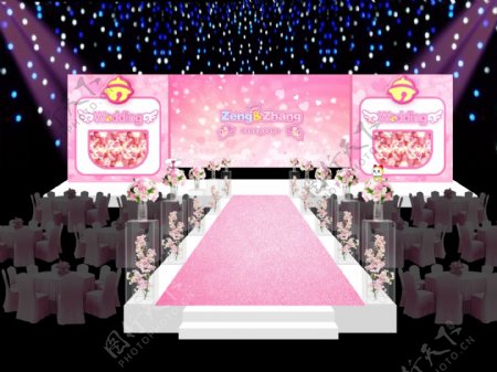 粉色机器猫婚礼舞台效果图