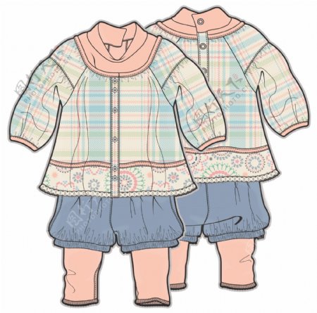 格子衫套装女宝宝服装设计彩色稿件矢量素材