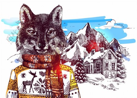 卡通狼雪山冬季动物拟人装饰画矢量
