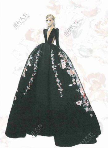 黑色花纹礼服设计图