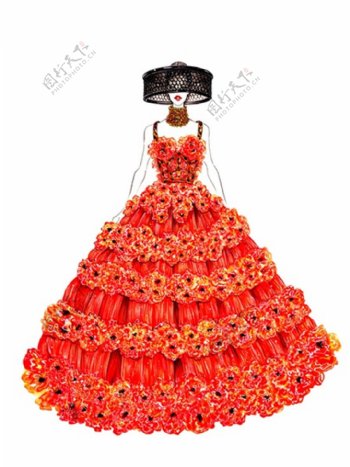 橙色花朵吊带礼服设计图