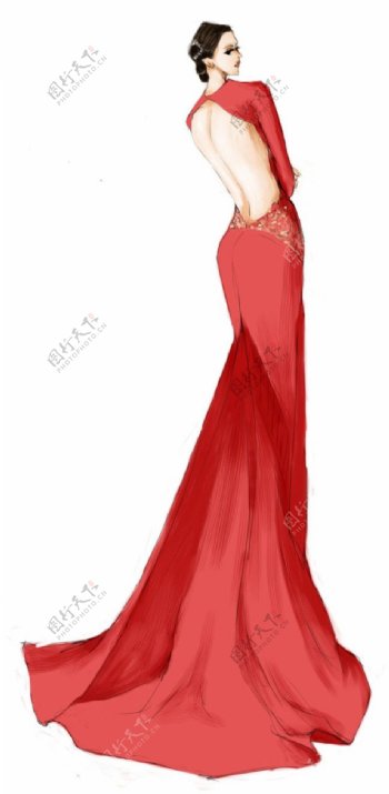 红色露背长裙礼服设计图
