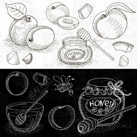 桃子黑板手绘水果调料烹饪饮食矢量合集