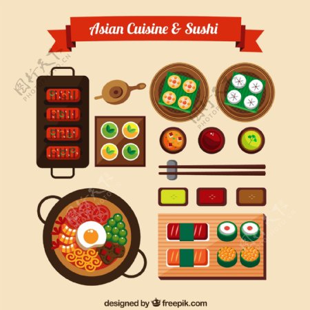 14款美味亚洲菜品和寿司矢量图
