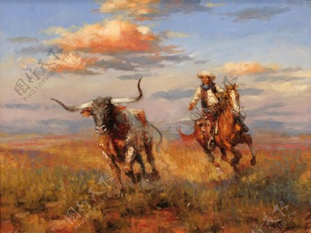 骑马的西部牛仔人物油画图片