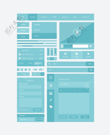 蓝色扁平化设计风格网页模板PSD素材