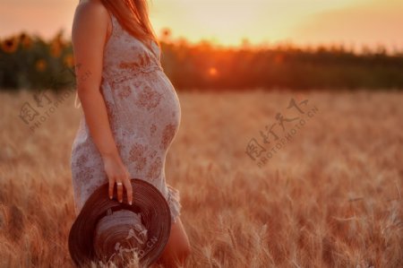 夕阳下走在草地上的孕妇图片