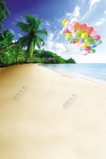 蓝天白云树木气球影楼摄影背景图片