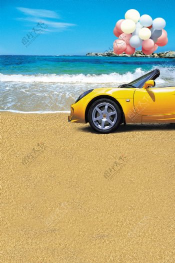 停在沙滩上的跑车影楼摄影背景图片