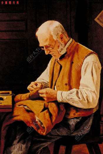 裁缝老人油画图片