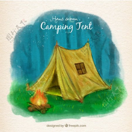 水彩绘野营帐篷和篝火插画矢量素材