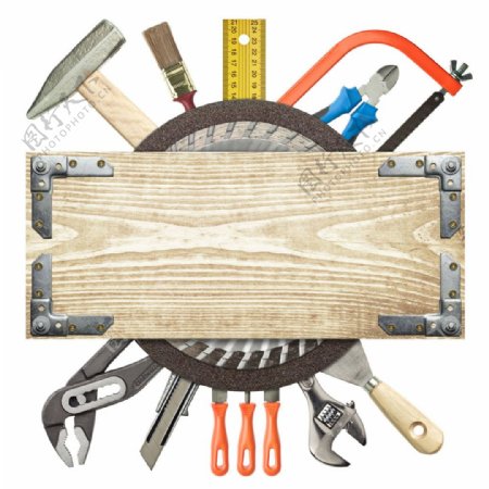 修理工具与木板背景图片