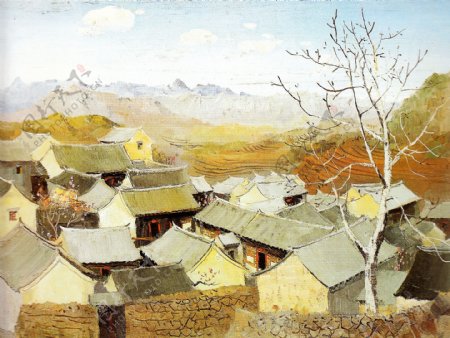 村庄风景油画图片