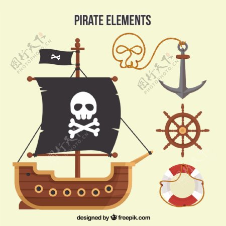 海盗船和各种海盗元素平面设计素材
