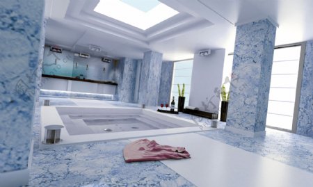 别墅宽敞房间里的洗浴设施高清图片
