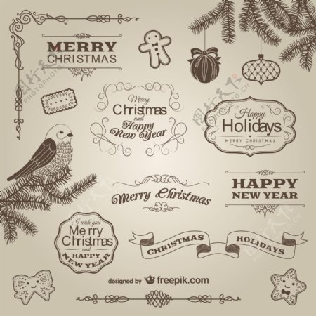 复古的圣诞装饰品和标签