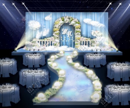 鲜花拱门满天星梦幻蓝色婚礼舞台