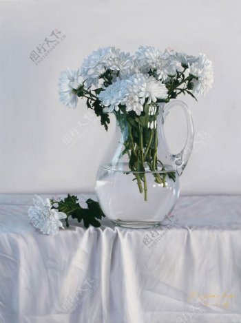 美丽鲜花玻璃花瓶静物油画图片