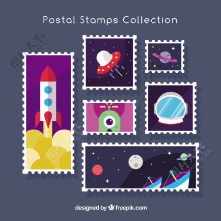 扁平风格航天主题邮票