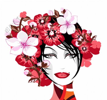戴满花朵的女性头像矢量素材